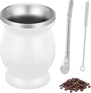 Mate Tea Mug Set, Stainless Steel Double Wall Insulated Design, 260 ml Mate Tea Set, with Straw Spoon and Cleaning Brush, Stainless Steel Mate Straw for Mate Tea, Coffee (White)