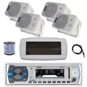 Pyle Bluetooth Marine Receiver, Cover, Antenna,Wire, 4x 5.25" 400W White Speaker