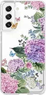 [CrazyLemon] for Samsung Galaxy A13 4G Case Clear Silicone Cute Aesthetic Floral Design for Women Girls Transparent Ultra Thin Slim Soft Shockproof Protective Case Cover - Pink Purple Hydrangea Flowers