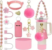 11 PCS Accessories for Stanley Cup, Water Bottle Handle Strap for Stanley 30/40 oz Tumbler with Handle, Including Straw Toppers, Silicone Cup Boot, Keychain Charms - Pink