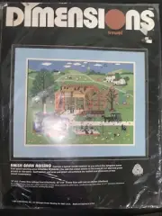 New Dimensions Crewel Amish Barn Raising Kit Charles Wysocki Design Vtg 80’s