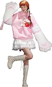 [Strawberry Shortcake] Women's Pullover Hoodie with Detachable Furry Cat Paw Gloves and Handbag Dual-purpose Sleeve, Small