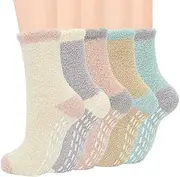 [belthagm] Non Slip Thick Fuzzy Socks Winter Women Cozy Hospital Socks,Cozy Hospital Socks Warm Fluffy Slipper Socks with Grips Home Grip Socks (5 Pairs,Multicolor), Multicolor, One Size