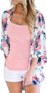 [Finoceans] Womens Floral Chiffon Kimono Cardigans Loose Beach Cover Up Half Sleeve Blouse Tops