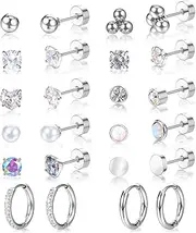 [Telooco] 12 Pairs Screw Back Stud Earrings for Sensitive Ears Flat Back Stud Earrings FlatBack Stud Small Huggie Hoop Cartilage Earring Sets for Multiple Piercing (Silver), No Gemstone