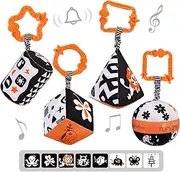 TUMAMA High Contrast Shapes Sets Baby Toys, Black and White Stroller Toy for Car Seat Baby Plush Rattles Rings Hanging Toy for 0 3 6 9 to 12 Months, Newborn,Toddlers,Infants (4 Packs)