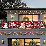 Solar Large Merry Christmas Banner, 120" x 20" LED Lighted Xmas Decoration Red Buffalo Plaid Hanging Huge Sign, Holiday Party Supplies Home Decor for Outdoor,Yard,Garden,Porch,Lawn (Plaid-Santa)