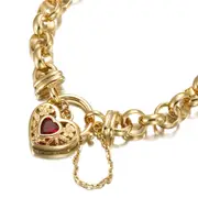 18ct Heavy Yellow Gold Plated 10mm Belcher Chain Bracelet with a Filigree Locket Featuring a Simulated Ruby - USA Made