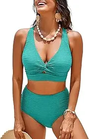 [Herseas] Women's Textured Bikini Sets Twist Front Top Swimsuits High Waisted Bathing Suits
