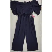 Adrianna Papell Womens Blue Long Crepe Jumpsuit Ruffle Sleeves Size 24W