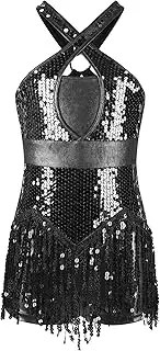 [Jhaoyu] Kids Girls Sparkle Sleeveless Leotard Tassels Latin Dance Dress Sequin Fringed Bodysuit Ballroom Costume