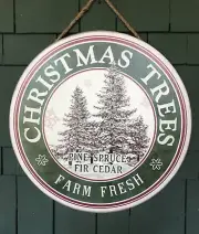 Retro Wood Christmas Tree Farm Holiday Sign Round Cabin Farmhouse Country Cabin