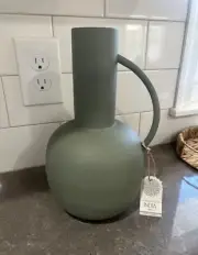 Metal Vase Green Smooth Finish Made In India 11” Moody Modern Decor