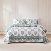 Lush Decor Sofia Flower Block Bouquet Reversible Cotton Quilt 3 Piece Set King/Cal King Teal - Block Print Quilt - Floral Bedding Set - Boho Decor