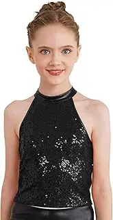 [Oyolan] Girls Cropped Tops Glitter Sequin Backless Sleeveless Halter Tank Tops Kids Hip Hop Jazz Ballet Costume Clothes