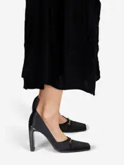 Black Satin Horse Bit Pumps