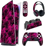 PlayVital Rose Red Black Camouflage Full Set Skin Decal for PS5 Console Digital Edition, Sticker Vinyl Decal Cover for PS5 Controller & Charging Station & Headset & Media Remote