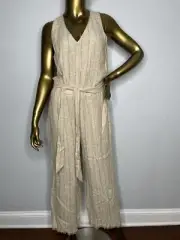 Drew by Anthropologie Linen Jumpsuit Women Small Beige Striped Burlap Minimalist