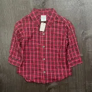 NWT Wonder Kids Boys Button Down Polo Plaid Red Long Sleeve Size 18 months