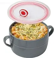 MUUBOOX Soup Bowls with Handles and Lids,Ceramic French Onion Soup Bowls 28 Ounces for Soup, Cereal, Chilli, Beef Stew,Microwave Dishwasher Safe (Grey)