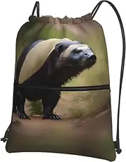 EdWal Cute Badger Bear Print Drawstring Backpack Gym Bags Sports Bags With Zipper Pocket For Travel Beach, Black, One Size