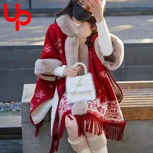【現貨精選】新年外套 大衣 衛衣 耶誕節帽子 耶誕節裝扮 針織帽 刷毛加厚紅色秋冬過年新年大毛領披肩斗篷披風帶帽耶誕毛呢