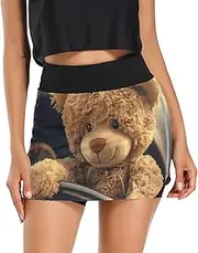 [RPLIFE] Cute Fox Mini Athletic Skort, Women Tennis Skort with Pockets，Water Resistant Skirt Women, Teddy Bear Driving Car, Small