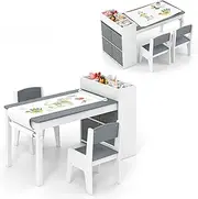 INFANS Kids Table and Chair Set, Toddler Art Craft Play Wood Activity Desk with 2 Chairs 4 Storage Canvas Bins Paper Roll for Writing Drawing, Children Furniture for Toys Boys Girls (Grey)