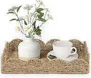 WEAVELYRICS Rectangle Serving Tray, Natural Woven Wicker Scalloped Basket Tray with Handles, Seagrass Woven Coffee Table Trays for Decor, Farmhouse, Outdoor to Hold Food, Flowers and Groceries