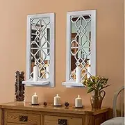 Wood Wall Sconce Candle Holder Set 2, Rustic Wall-Mount Candle Holders, Farmhouse Hanging Wall Décor, Carved Wood Frame, Mirrored Candle Holder (Distressed White)