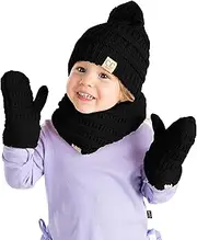 [Funky Junque] Kids Matching Neck Warmer Scarf Soft Fuzzy Cuff Gloves Mittens Ribbed Knit Pom Pom Beanie Bundle Boy Girl