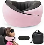 [WFeyahiner] Travel Neck Pillow,Premium Memory Foam Travel Pillow with 3D Contoured Eye Masks & Mesh Bag, Comfortable Breathable Machine Washable, Pain Relief Sleeping Travel Pillows for Planes,Trains,Car-Pink