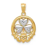 14K Yellow & Rhodium Rhodium-Plated Shamrock And Claddagh Pendant