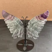 All 0.69LB Natural Fluorite Quartz Wings Butterfly Carved Crystal Skull Stand