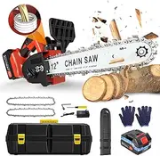 Professional 21V Cordless Chainsaw, Battery Chainsaw, 12 Inch Electric Chainsaws Chain Speed 6M/S Maximum Sawing Diameter 250MM, Includes 3000Mah Battery and Charger for Cutting Trees Wood（900W）