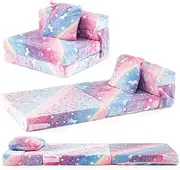 HONEY JOY Glow in The Dark Kids Folding Sofa Bed Floor Mattress, Toddler Fold Out Couch Bed with Throw Pillow & Machine Washable Cover, Trifold Floor Nap Mat Futon (Multicolor)