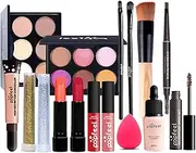 VolksRose 16 Pcs All-in-One Makeup Set, Lip Gloss, Lipstick, Brush, Eyeshadow Palette, Highly Pigmented, Cosmetic Palette, Eyebrow Pencil With Travel Carry Cosmetic Bag