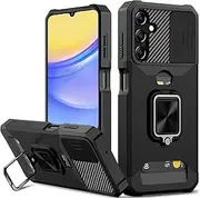 for Samsung A15 case with Card Holder,rojarou Samsung Galaxy A15 case with Slide Camera Cover and 360° Rotate Ring Kickstand Heavy Duty Protective Phone Cover Case for Samsung A15 5G -Black