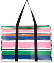 [Kate Spade New York] Large Reusable Grocery Bag, Oversized Tote Bag with Pockets, Striped Collapsible Tote for Shopping, Ocean Stripe, Ocean Stripe