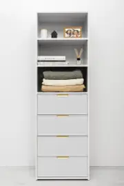 Geneva 3 Shelf 4 Drawer Built In Wardrobe - White - Slim - Pull Brass