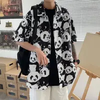 在飛比找蝦皮購物優惠-東南亞買家黑色白色襯衫夏季襯衫男士夏季沙灘襯衫熊貓印花輕巧時