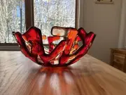 ONE OF A KIND! Hand Made Abstract Art Glass Bowl Signed By Artist. Red & Orange.