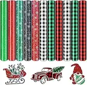 Christmas Heat Transfer Vinyl, 11 Sheets Christmas Buffalo Plaid HTV Vinyl, Holographic Snowflake Iron On Vinyl for Cricut or Silhouette Cameo 12×10 inch