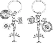 [eMagTech] 2pcs Airplane Keychain Metal Keyring with Plane Passport Camera Earth Compass Charm Pendant Ornament Key Fob Decoration for Tour Guide Travel Enthusiasts