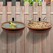 Fence Bird Feeders Tray - 2pcs Tree Mounted Wild Bird Bath for Outdoors Place Food Water, Installed on Deck Wall Stakes with Heavy Duty Iron Ring, 8.3'' Dia. (Brown)