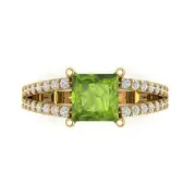2.4 Princess split shank Natural Peridot Promise Wedding Ring 14k Yellow Gold