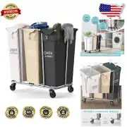 Durable 3-Bag Laundry Cart - Waterproof, Rolling Hamper for Effortless Sorting
