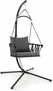 Costway Hanging Swing Chair W/Stand, Cozy Seat & Back Cushions, Rustproof Metal Frame & Woven Backrest, Indoor Outdoor Hammock Chair for Backyard, Balcony, Living Room