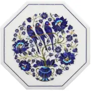 Octagon White Marble Side Table Top Lapis Lazuli Stone Inlay Work Coffee Table