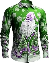 Casual Short Loose Christmas Santa Snowman Pattern Long Sleeved Shirt Athletic Shirt Men